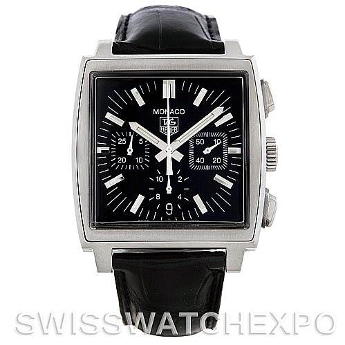 The image shows a front view of a Tag Heuer Monaco CW2111 Men's Stainless Steel Black Dial CW2111 Men's Stainless Steel Black Dial watch with a square case, black dial, and black leather strap.