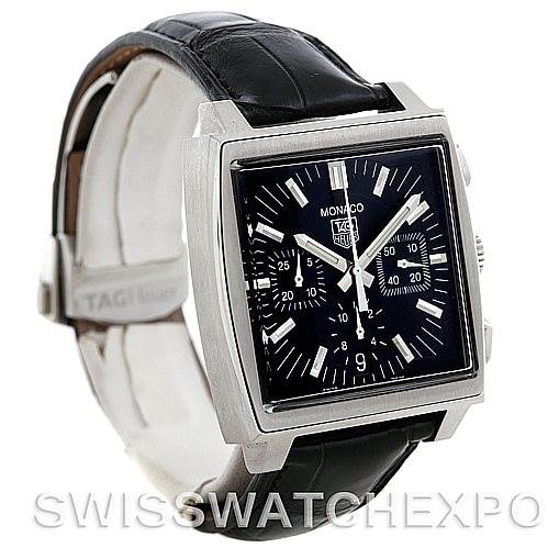 This image shows a Tag Heuer Monaco CW2111 Men's Stainless Steel Black Dial CW2111 Men's Stainless Steel Black Dial watch at an angle highlighting its square face, chronograph dials, and leather strap.