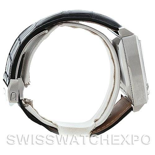 Side view of the Tag Heuer Monaco CW2111 Men's Stainless Steel Black Dial CW2111 Men's Stainless Steel Black Dial watch, highlighting the case, crown, and leather strap.