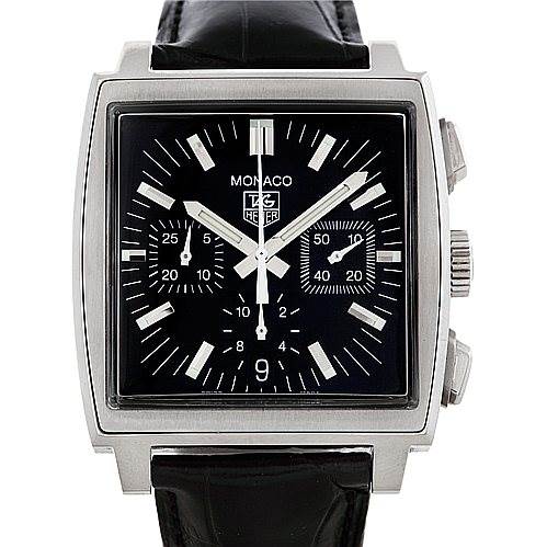 The image shows a front view of the Tag Heuer Monaco CW2111 Men's Stainless Steel Black Dial CW2111 Men's Stainless Steel Black Dial watch, highlighting its black dial, stainless steel case, and leather strap.