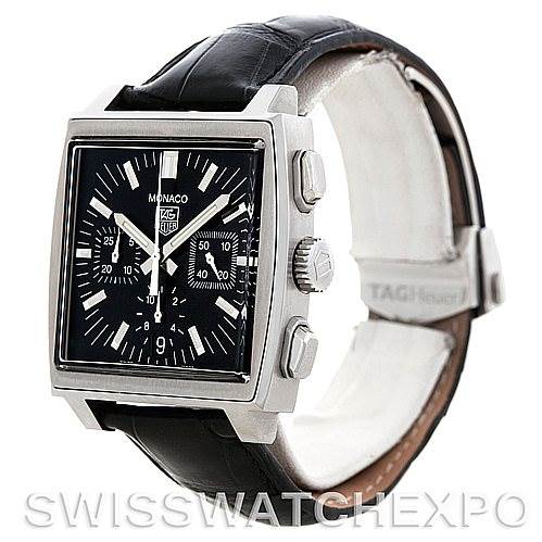 The image shows a side angle of a Tag Heuer Monaco CW2111 Men's Stainless Steel Black Dial CW2111 Men's Stainless Steel Black Dial watch, highlighting its rectangular face, side buttons, and leather strap.