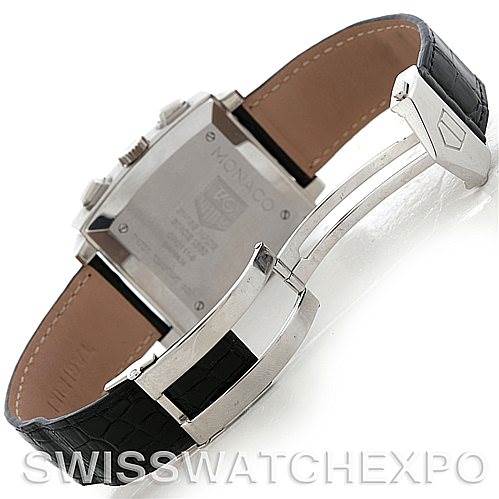 The image shows the back and deployment clasp of a Tag Heuer Monaco CW2111 Men's Stainless Steel Black Dial CW2111 Men's Stainless Steel Black Dial watch, displaying the brand's logo and model details.