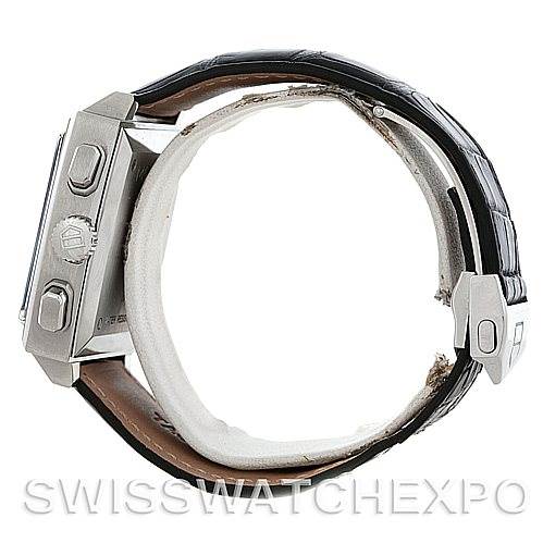 This image shows the side profile of a Tag Heuer Monaco CW2111 Men's Stainless Steel Black Dial CW2111 Men's Stainless Steel Black Dial watch, highlighting its buttons and leather strap.