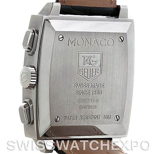 The image shows the back of a Tag Heuer Monaco CW2111 Men's Stainless Steel Black Dial CW2111 Men's Stainless Steel Black Dial watch, featuring its caseback and side buttons.