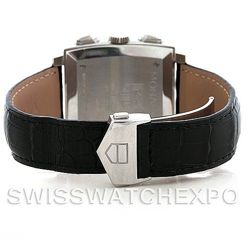 The image shows the back view of a Tag Heuer Monaco CW2111 Men's Stainless Steel Black Dial CW2111 Men's Stainless Steel Black Dial watch, highlighting its clasp, leather strap, and case back.