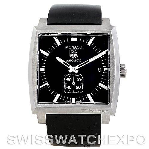 This is a front view of the Tag Heuer Monaco WW2110 Men
s Black Dial WW2110 Men
s Black Dial watch, showcasing its square dial, black strap, and crown on the right side.
