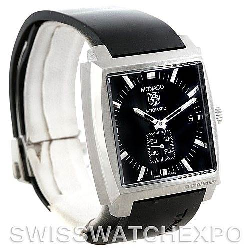 The image shows a Tag Heuer Monaco WW2110 Men
s Black Dial WW2110 Men
s Black Dial watch from a front-left angle, displaying the watch face, case, and strap.