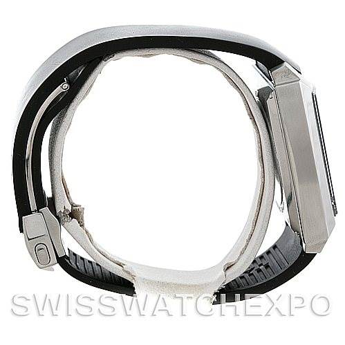 This image shows a side view of a Tag Heuer Monaco WW2110 Men
s Black Dial WW2110 Men
s Black Dial watch, highlighting the case thickness and strap.