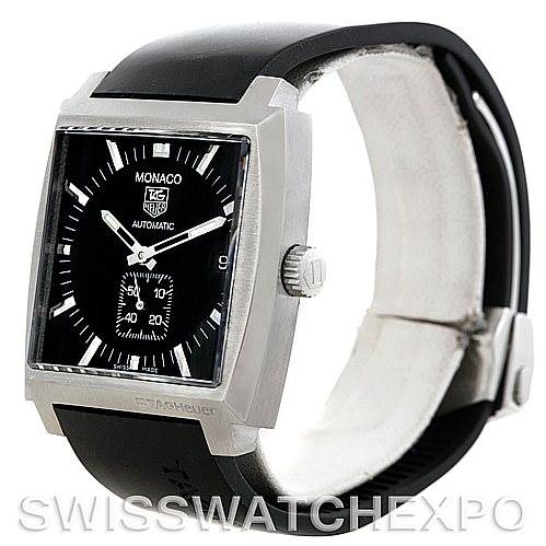 This image shows the Tag Heuer Monaco WW2110 Men
s Black Dial WW2110 Men
s Black Dial watch at an angle displaying the face, crown, and part of the strap.