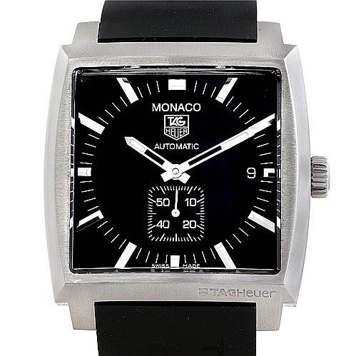 The image shows a front view of the Tag Heuer Monaco WW2110 Men
s Black Dial WW2110 Men
s Black Dial watch, displaying the face, hands, and crown.