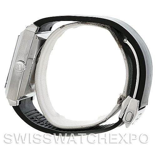 This image shows the side view of a Tag Heuer Monaco WW2110 Men
s Black Dial WW2110 Men
s Black Dial watch, focusing on the case, strap, and crown.