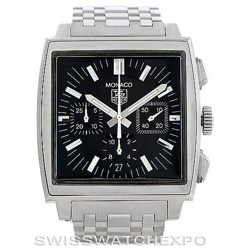 This image shows a front view of the Tag Heuer Monaco CW2111 Men's Stainless Steel Black Dial CW2111 Men's Stainless Steel Black Dial watch, highlighting its square face, chronograph dials, and metallic bracelet.