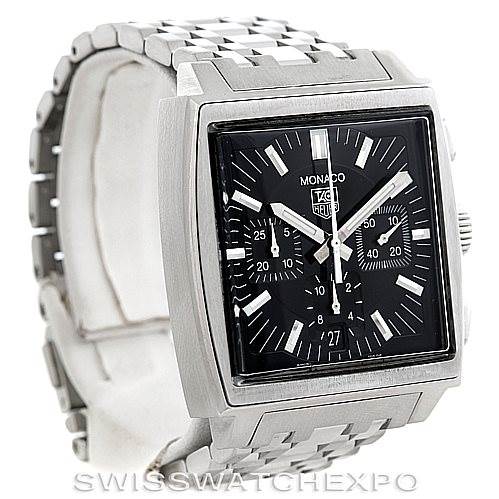 The image shows a Tag Heuer Monaco CW2111 Men's Stainless Steel Black Dial CW2111 Men's Stainless Steel Black Dial watch, displaying the front view with the dial, crown, and stainless steel bracelet visible.