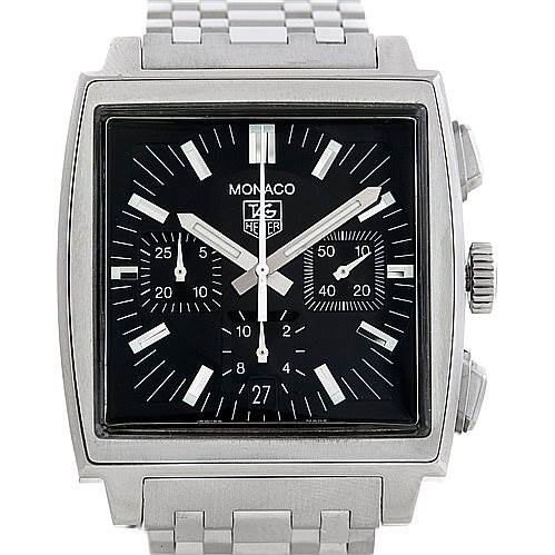 This image shows a front view of the Tag Heuer Monaco CW2111 Men's Stainless Steel Black Dial CW2111 Men's Stainless Steel Black Dial watch, highlighting its dial, sub-dials, and stainless steel bracelet.