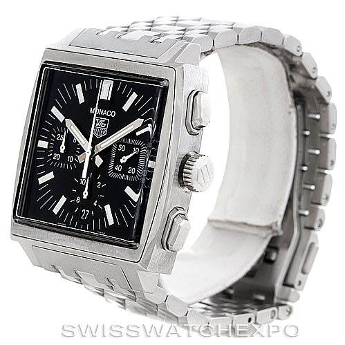 This image shows a Tag Heuer Monaco CW2111 Men's Stainless Steel Black Dial CW2111 Men's Stainless Steel Black Dial watch at a three-quarter angle, highlighting the square face, side buttons, and metal link bracelet.
