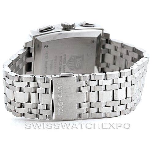 The image shows the back case and metal bracelet of the Tag Heuer Monaco CW2111 Men's Stainless Steel Black Dial CW2111 Men's Stainless Steel Black Dial model watch from a rear angle.