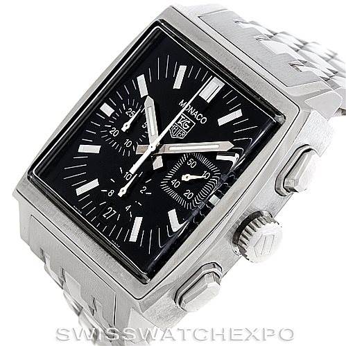 This image shows a Tag Heuer Monaco CW2111 Men's Stainless Steel Black Dial CW2111 Men's Stainless Steel Black Dial watch at an angle highlighting its dial, side buttons, crown, and metal bracelet.