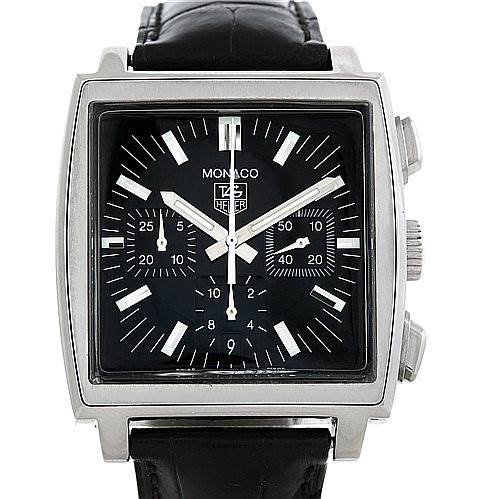 This image shows a front view of a Tag Heuer Monaco CW2111 Men's Stainless Steel Black Dial CW2111 Men's Stainless Steel Black Dial watch, featuring a square dial, chronograph subdials, and a black leather strap.