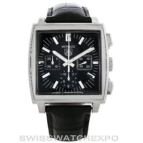 The image shows a front view of a Tag Heuer Monaco CW2111 Men's Stainless Steel Black Dial CW2111 Men's Stainless Steel Black Dial watch, displaying the square face, chronograph dials, and black leather strap.
