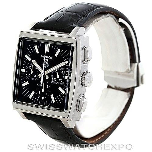 The Tag Heuer Monaco CW2111 Men's Stainless Steel Black Dial CW2111 Men's Stainless Steel Black Dial watch is shown at a three-quarter angle displaying its face, crown, pushers, and black leather strap.