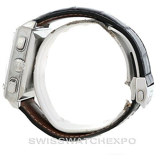 The image shows a side view of a Tag Heuer Monaco CW2111 Men's Stainless Steel Black Dial CW2111 Men's Stainless Steel Black Dial watch, featuring its case, crown, side buttons, and leather strap.