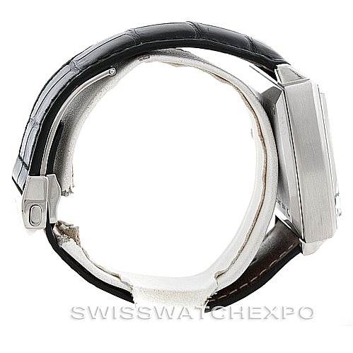 This image shows a side view of the Tag Heuer Monaco CW2111 Men's Stainless Steel Black Dial CW2111 Men's Stainless Steel Black Dial watch, displaying its case, strap, and clasp.