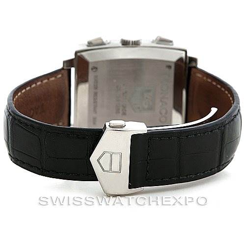 The image shows the back view of a Tag Heuer Monaco CW2111 Men's Stainless Steel Black Dial CW2111 Men's Stainless Steel Black Dial watch, highlighting its clasp and black leather strap.