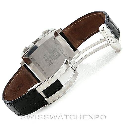 This image shows the back and strap of a Tag Heuer Monaco CW2111 Men's Stainless Steel Black Dial CW2111 Men's Stainless Steel Black Dial watch, highlighting the clasp and case back.
