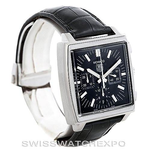 The image shows a Tag Heuer Monaco CW2111 Men's Stainless Steel Black Dial CW2111 Men's Stainless Steel Black Dial model watch at a three-quarter angle, highlighting its square dial and black leather strap.
