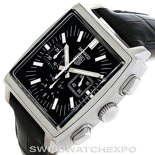 The image shows a side angle of the Tag Heuer Monaco CW2111 Men's Stainless Steel Black Dial CW2111 Men's Stainless Steel Black Dial watch, highlighting its black square dial, pushers, and crown.