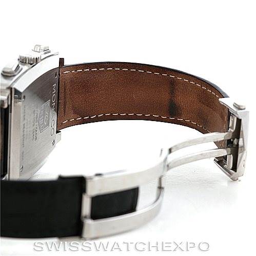 The image shows the back and clasp of a Tag Heuer Monaco CW2111 Men's Stainless Steel Black Dial CW2111 Men's Stainless Steel Black Dial watch with its leather strap partially open.