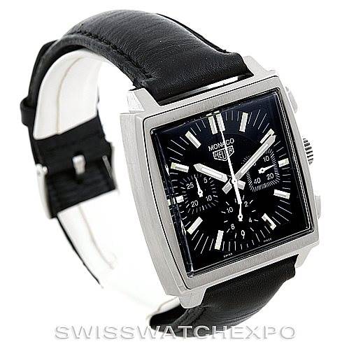 The image shows a side and frontal view of the Tag Heuer Monaco CS2111 Men's Stainless Steel Black Dial CS2111 Men's Stainless Steel Black Dial watch, highlighting its square case and black leather strap.