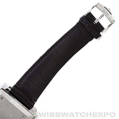 A side-view image showing the leather strap and clasp of a Tag Heuer Monaco CS2111 Men's Stainless Steel Black Dial CS2111 Men's Stainless Steel Black Dial watch.