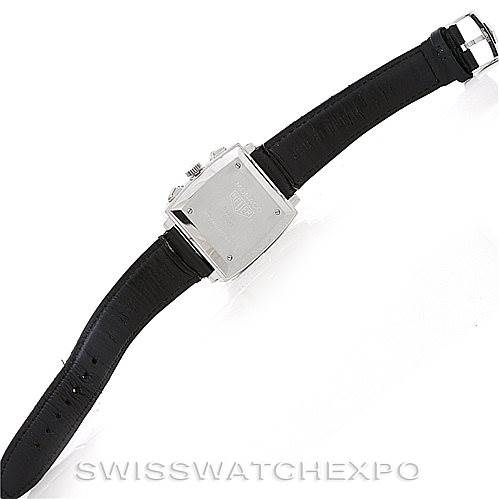 This image shows the back view of the Tag Heuer Monaco CS2111 Men's Stainless Steel Black Dial CS2111 Men's Stainless Steel Black Dial watch, displaying its case back and leather strap.