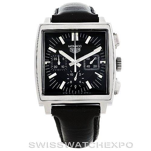 This image shows a front view of the Tag Heuer Monaco CS2111 Men's Stainless Steel Black Dial CS2111 Men's Stainless Steel Black Dial watch, featuring a square face, black dial, and black leather strap.