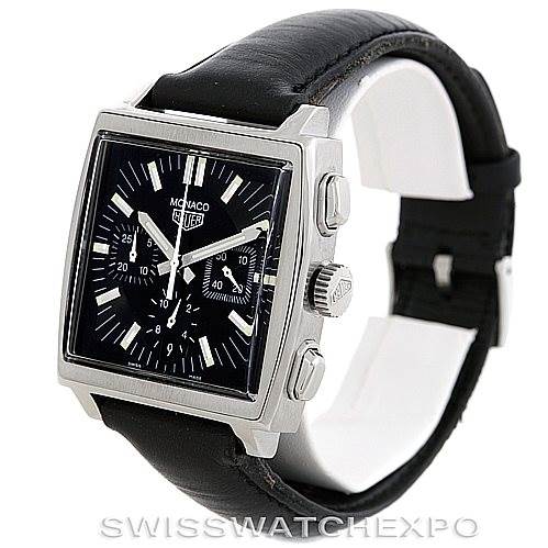 This image shows a Tag Heuer Monaco CS2111 Men's Stainless Steel Black Dial CS2111 Men's Stainless Steel Black Dial watch at a three-quarter angle, highlighting its square face, chronograph dials, and black leather strap.