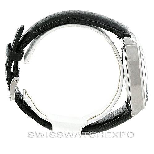 This image shows the side profile of a Tag Heuer Monaco CS2111 Men's Stainless Steel Black Dial CS2111 Men's Stainless Steel Black Dial watch, highlighting the case and leather strap.