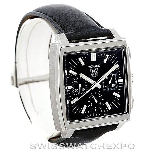 This image shows a Tag Heuer Monaco CW2111 Men's Stainless Steel Black Dial CW2111 Men's Stainless Steel Black Dial watch from a front angle, displaying the face, case, and leather strap.