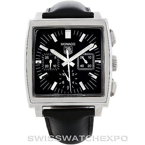 This Tag Heuer Monaco CW2111 Men's Stainless Steel Black Dial CW2111 Men's Stainless Steel Black Dial watch is shown from a front angle, showcasing its black dial, square case, and black leather strap.