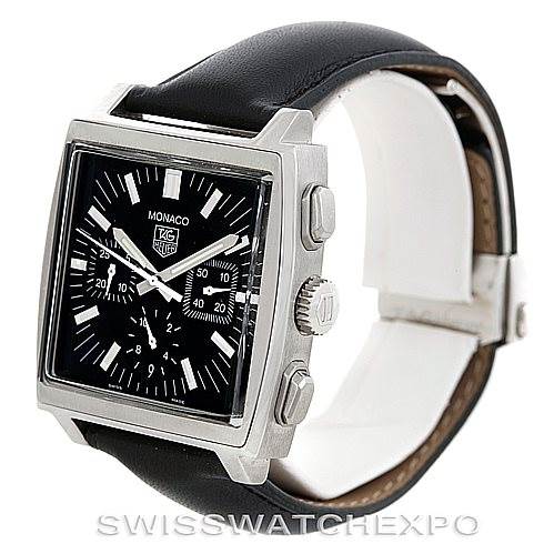 The image shows a side angle of the Tag Heuer Monaco CW2111 Men's Stainless Steel Black Dial CW2111 Men's Stainless Steel Black Dial watch, displaying the square dial, crown, pushers, and black leather strap.