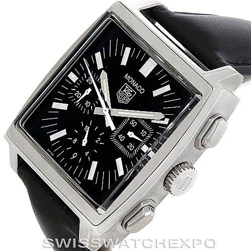 The image shows a close-up angle of the Tag Heuer Monaco CW2111 Men's Stainless Steel Black Dial CW2111 Men's Stainless Steel Black Dial watch, highlighting the square face, crown, and pushers, with a black leather strap.