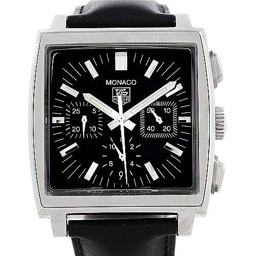 This Tag Heuer Monaco CW2111 Men's Stainless Steel Black Dial CW2111 Men's Stainless Steel Black Dial watch is shown from a front view, displaying its square dial with chronograph features and black leather strap.