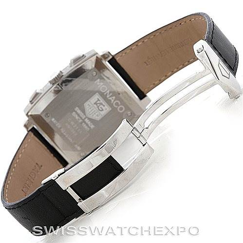 This image shows the back and strap of a Tag Heuer Monaco CW2111 Men's Stainless Steel Black Dial CW2111 Men's Stainless Steel Black Dial watch, highlighting the clasp and case back.