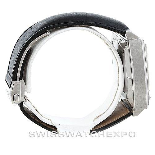 The image shows a side profile view of the Tag Heuer Monaco CW2111 Men's Stainless Steel Black Dial CW2111 Men's Stainless Steel Black Dial watch highlighting the case and leather strap.