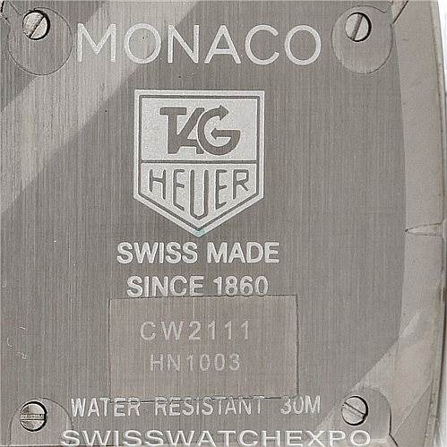 The image shows the engraved back cover of a Tag Heuer Monaco CW2111 Men's Stainless Steel Black Dial CW2111 Men's Stainless Steel Black Dial watch with the model number CW2111.