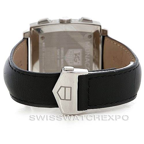 The image shows the back view of a Tag Heuer Monaco CW2111 Men's Stainless Steel Black Dial CW2111 Men's Stainless Steel Black Dial watch, focusing on its clasp, strap, and case back.
