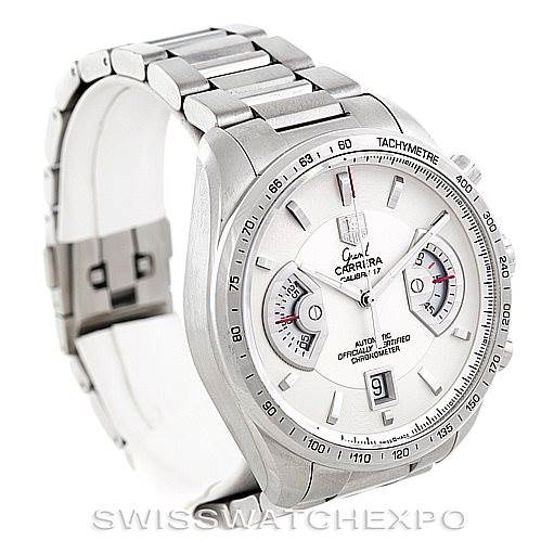 This image shows a Tag Heuer Carrera CAV511B Men
s Stainless Steel Silver Dial CAV511B Men
s Stainless Steel Silver Dial watch at a three-quarter angle highlighting the face, bezel, and part of the metal bracelet.