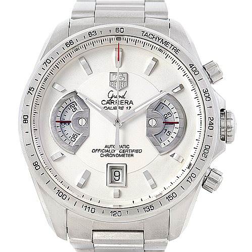 The image displays a front view of a Tag Heuer Carrera CAV511B Men
s Stainless Steel Silver Dial CAV511B Men
s Stainless Steel Silver Dial watch, showcasing its dial, hands, subdials, date window, and tachymeter scale.