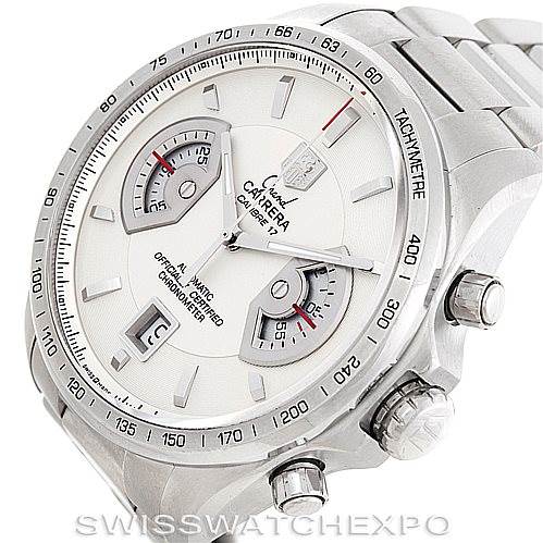 The image shows a Tag Heuer Carrera CAV511B Men
s Stainless Steel Silver Dial CAV511B Men
s Stainless Steel Silver Dial watch at a slight angle, highlighting its face, chronograph dials, and stainless steel bracelet.