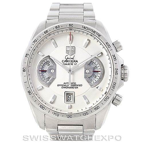 The image shows a front view of a Tag Heuer Carrera CAV511B Men
s Stainless Steel Silver Dial CAV511B Men
s Stainless Steel Silver Dial watch with the dial, bracelet, and chronograph pushers visible.